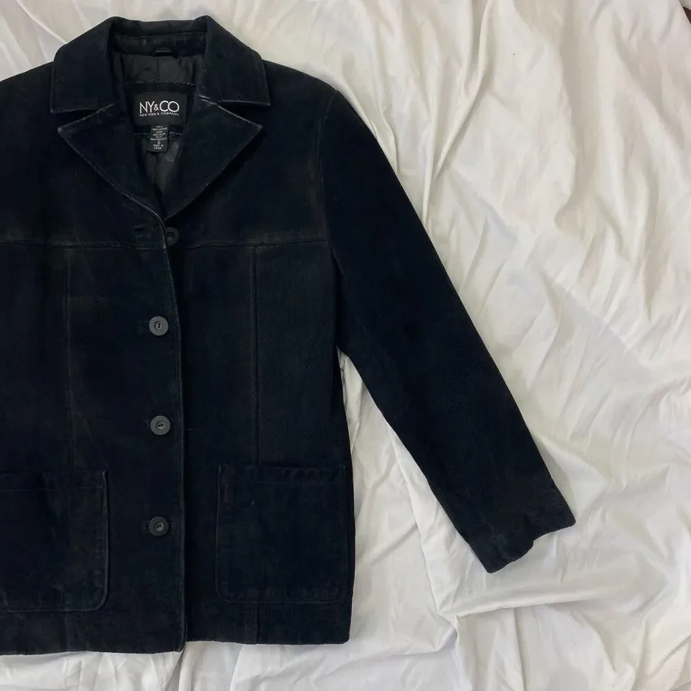 NY & Co Vintage Black Suede Tailored Button Up Elegant Boho Leather Jacket S - Picture 6 of 7